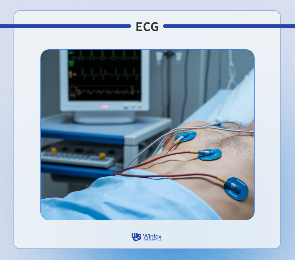 An example picture shows the application of medical cables for ecg uses.